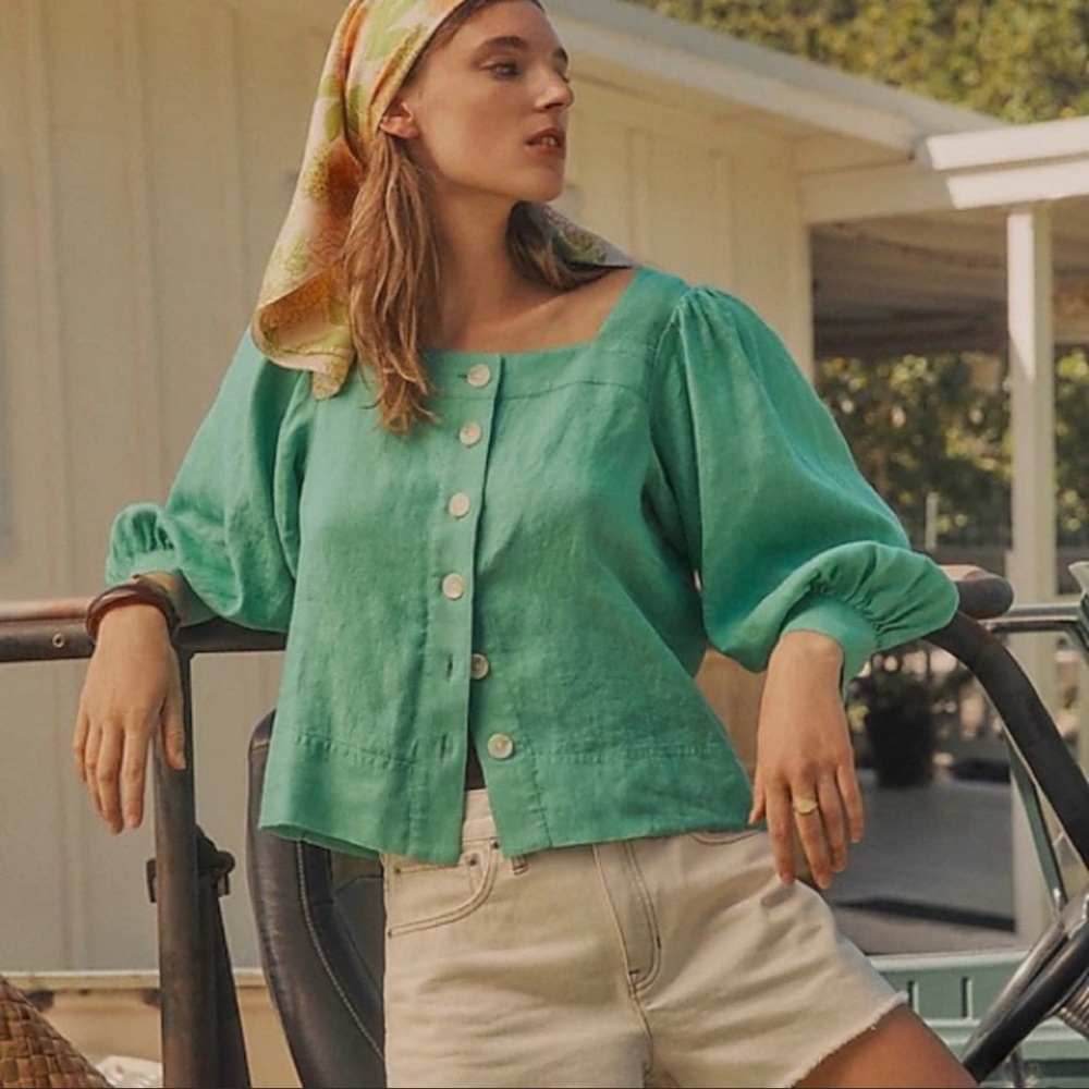 J.Crew Squareneck Button-front Linen Top in Classic Green Size M